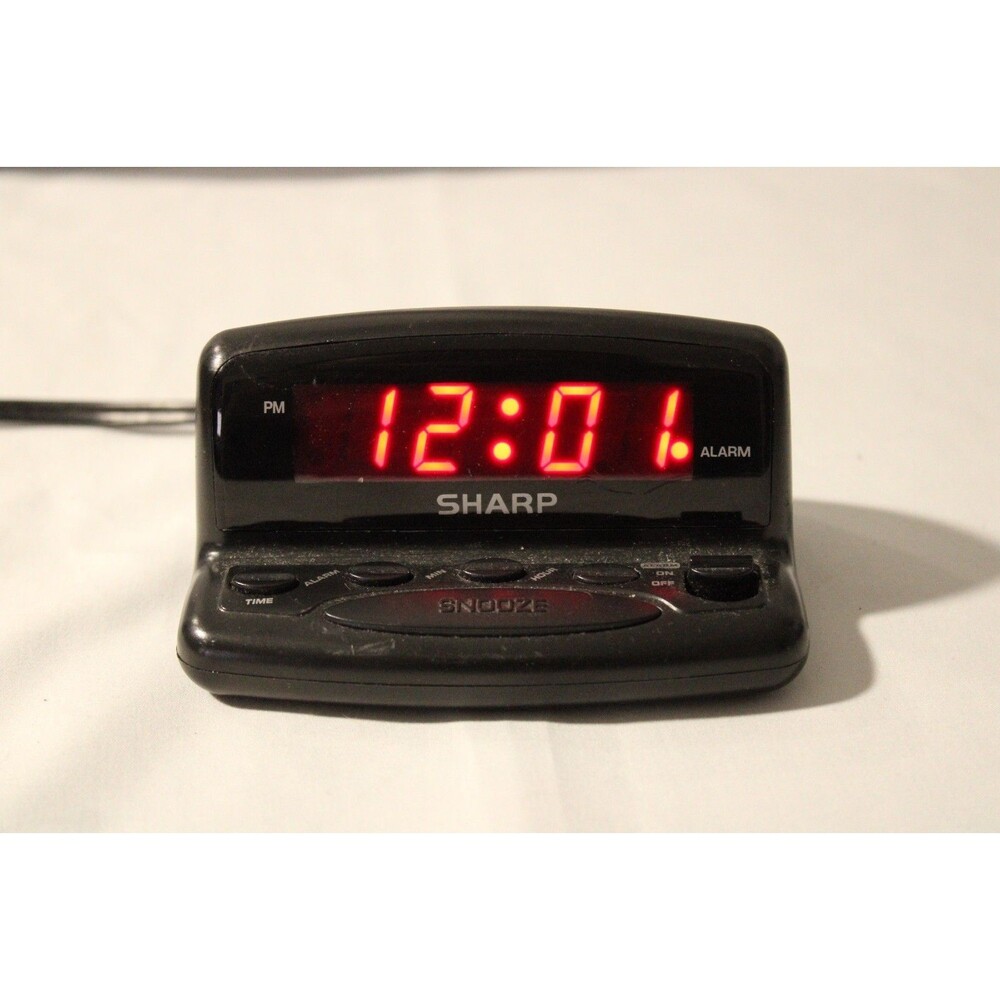 Small Alarm Clock Sharp SPC026A Digital LED Snooze Battery Backup Black Tested